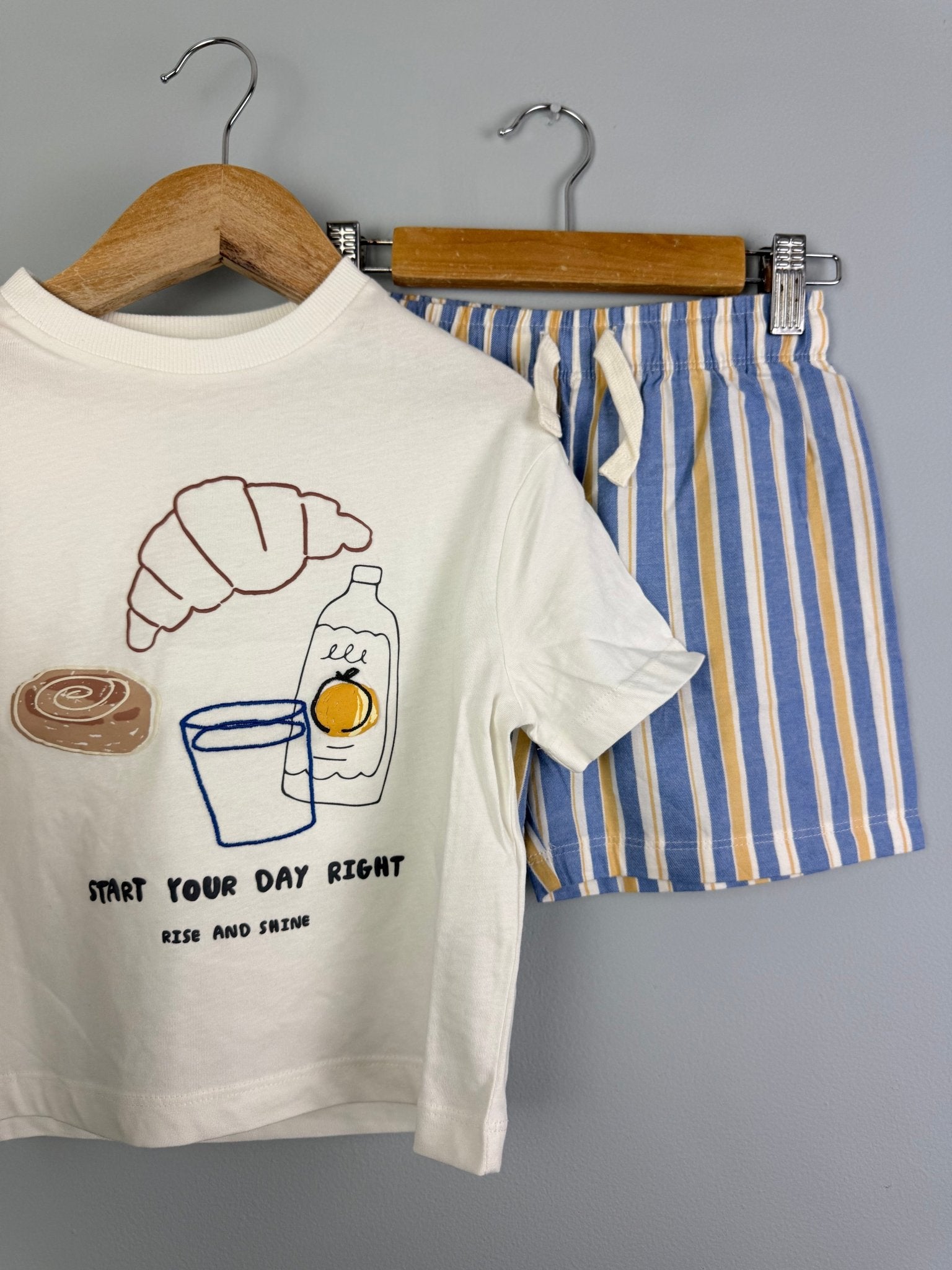 Kids Breakfast Print Top & Stripe Shorts Pyjama Set - Boys 12 - 18m to 4 - 5 Years - Back On The Shelves High Street Discount Outlet Online UK