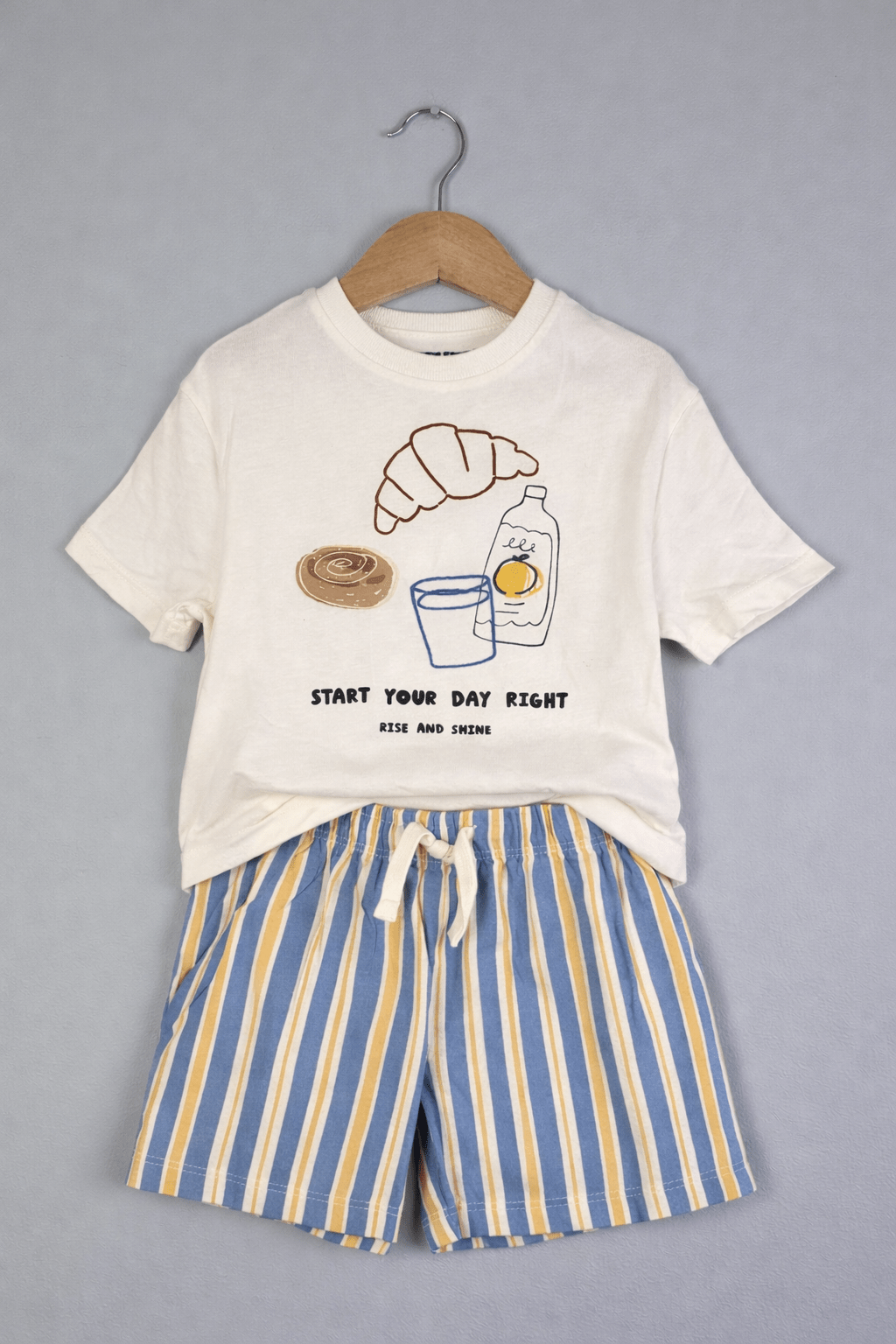 Kids Breakfast Print Top & Stripe Shorts Pyjama Set - Boys 12 - 18m to 4 - 5 Years - Back On The Shelves High Street Discount Outlet Online UK