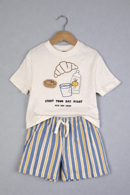 Kids Breakfast Print Top & Stripe Shorts Pyjama Set - Boys 12 - 18m to 4 - 5 Years - Back On The Shelves High Street Discount Outlet Online UK