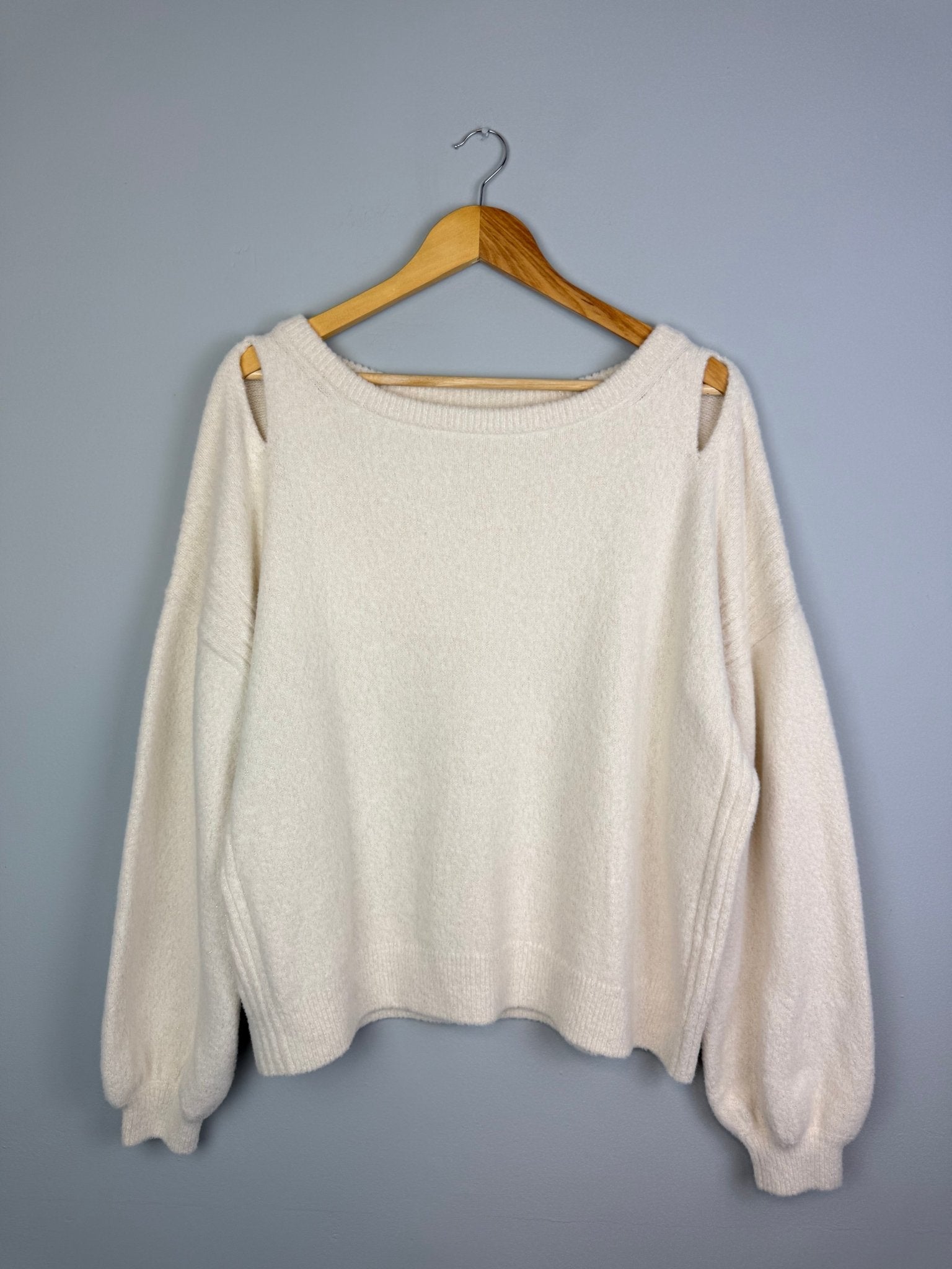 Ladies Cream Shimmer Knit Jumper with Shoulder Cut - Out Detail - Ladies Size Medium - Back On The Shelves High Street Discount Outlet Online UK
