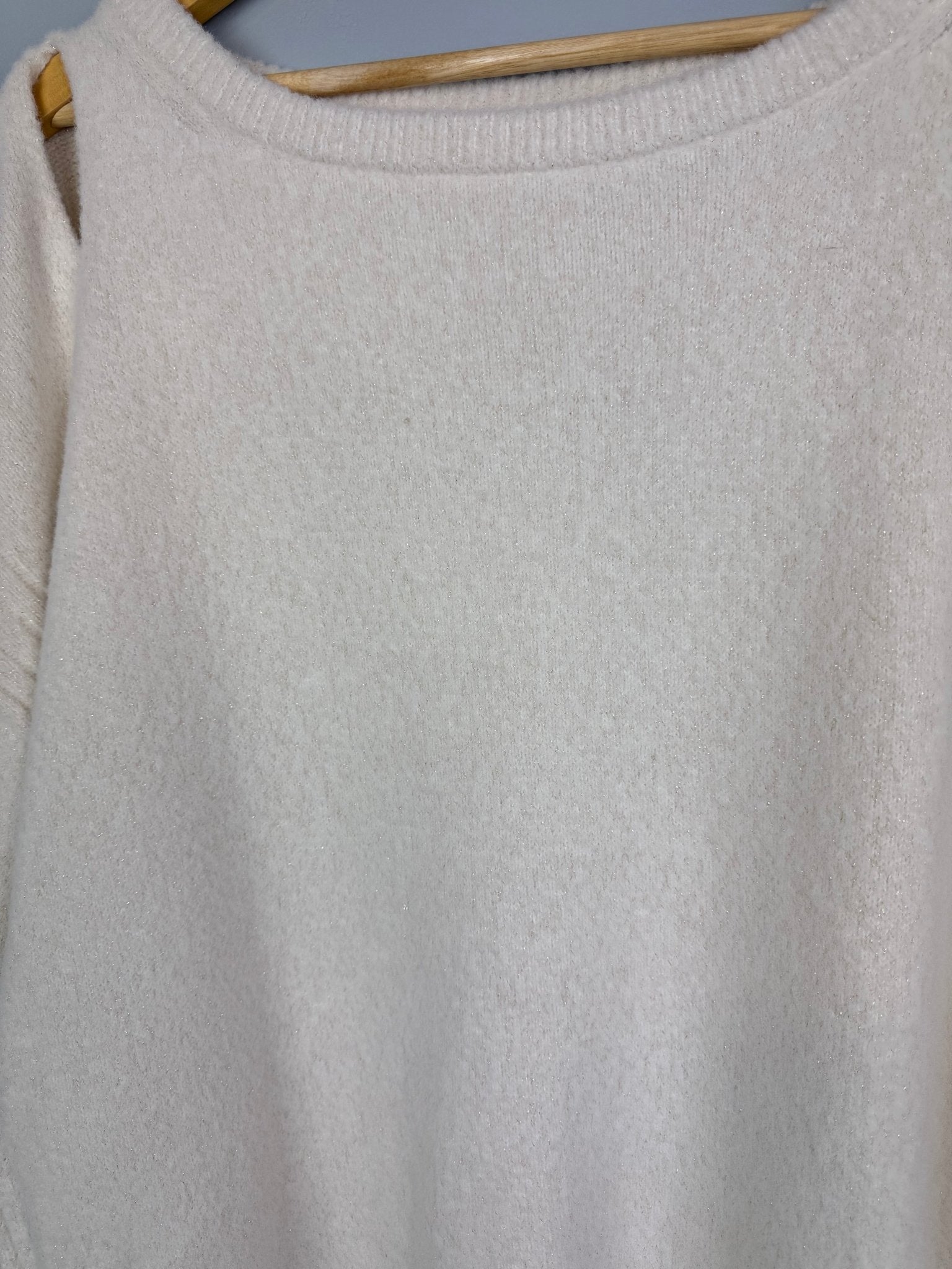 Ladies Cream Shimmer Knit Jumper with Shoulder Cut - Out Detail - Ladies Size Medium - Back On The Shelves High Street Discount Outlet Online UK