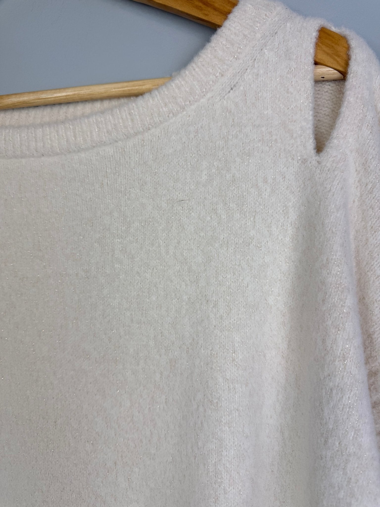 Ladies Cream Shimmer Knit Jumper with Shoulder Cut - Out Detail - Ladies Size Medium - Back On The Shelves High Street Discount Outlet Online UK