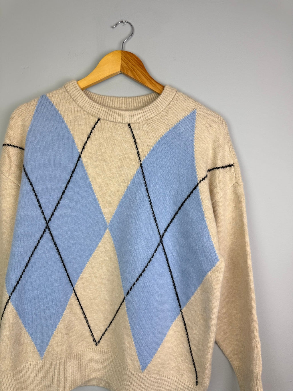 Ladies Argyle Knit Jumper Beige & Blue – Size Large - Back On The Shelves High Street Discount Outlet Online UK