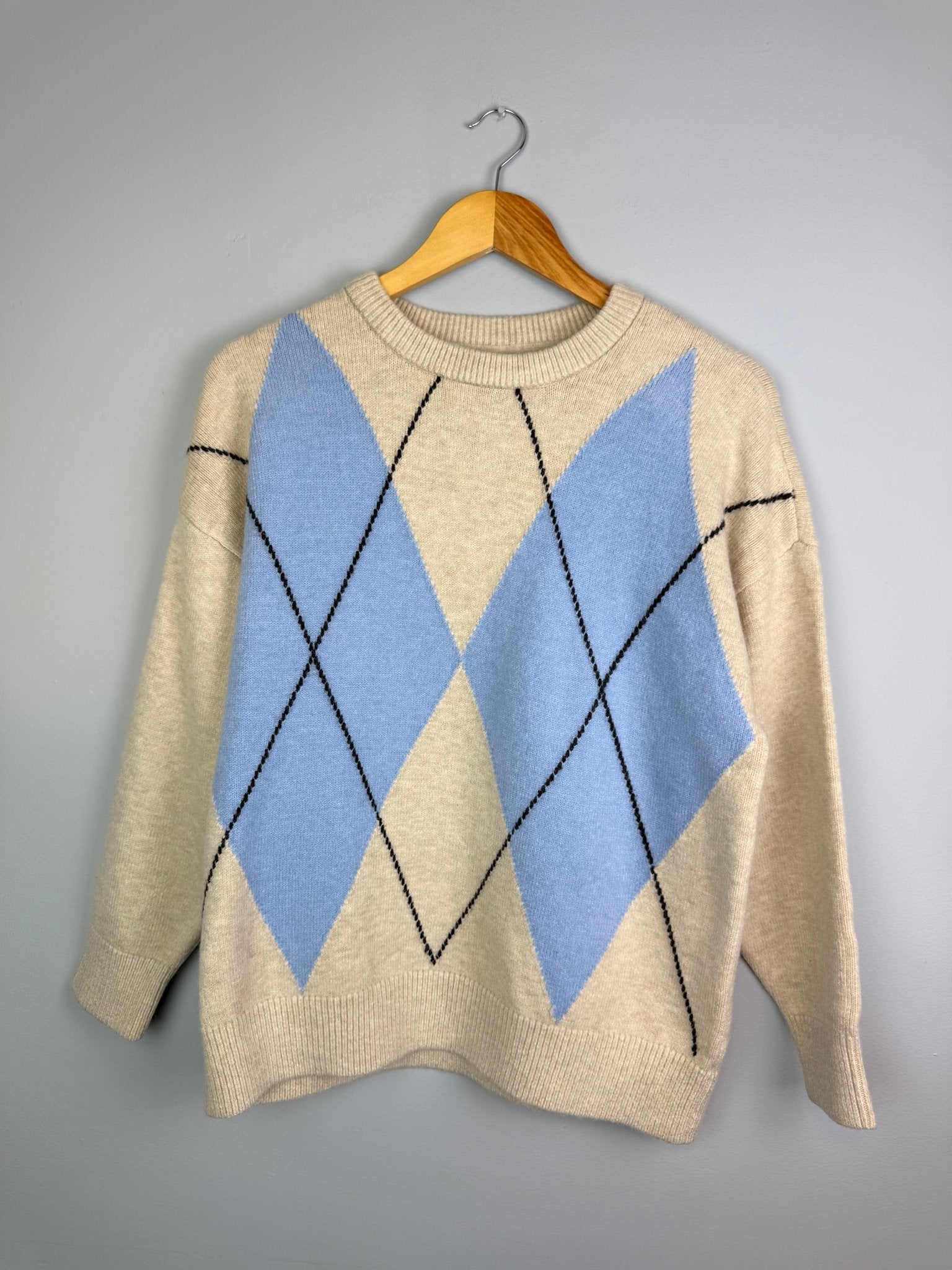 Ladies Argyle Knit Jumper Beige & Blue – Size Large - Back On The Shelves High Street Discount Outlet Online UK
