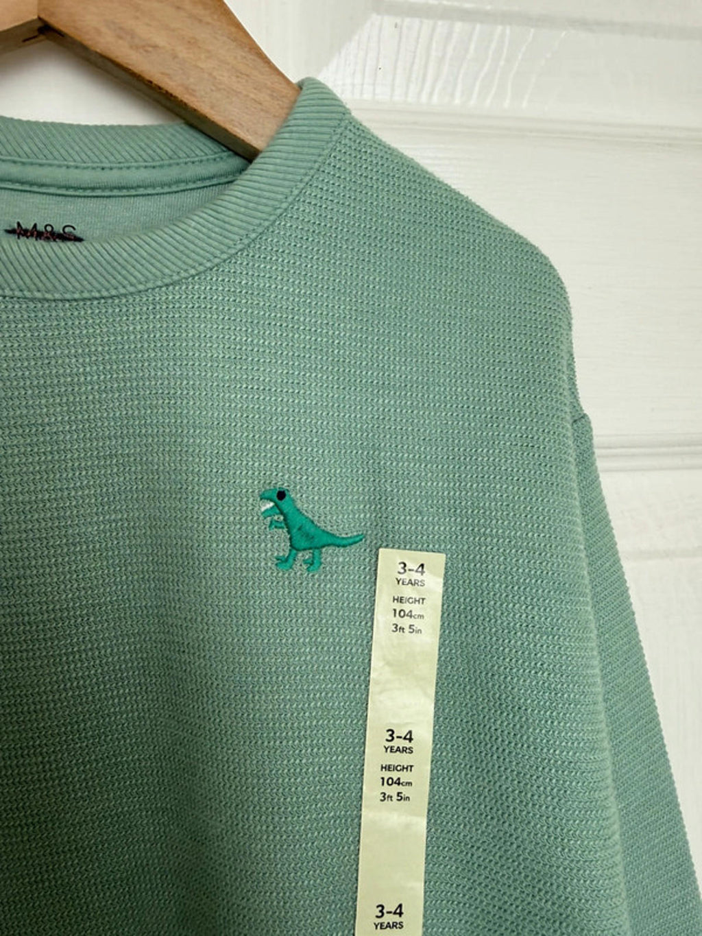 🦖 Ex M&S Kids Green Waffle Knit Lined Sweater | Dinosaur | 3 - 4 Years - Back On The Shelves High Street Discount Outlet Online UK