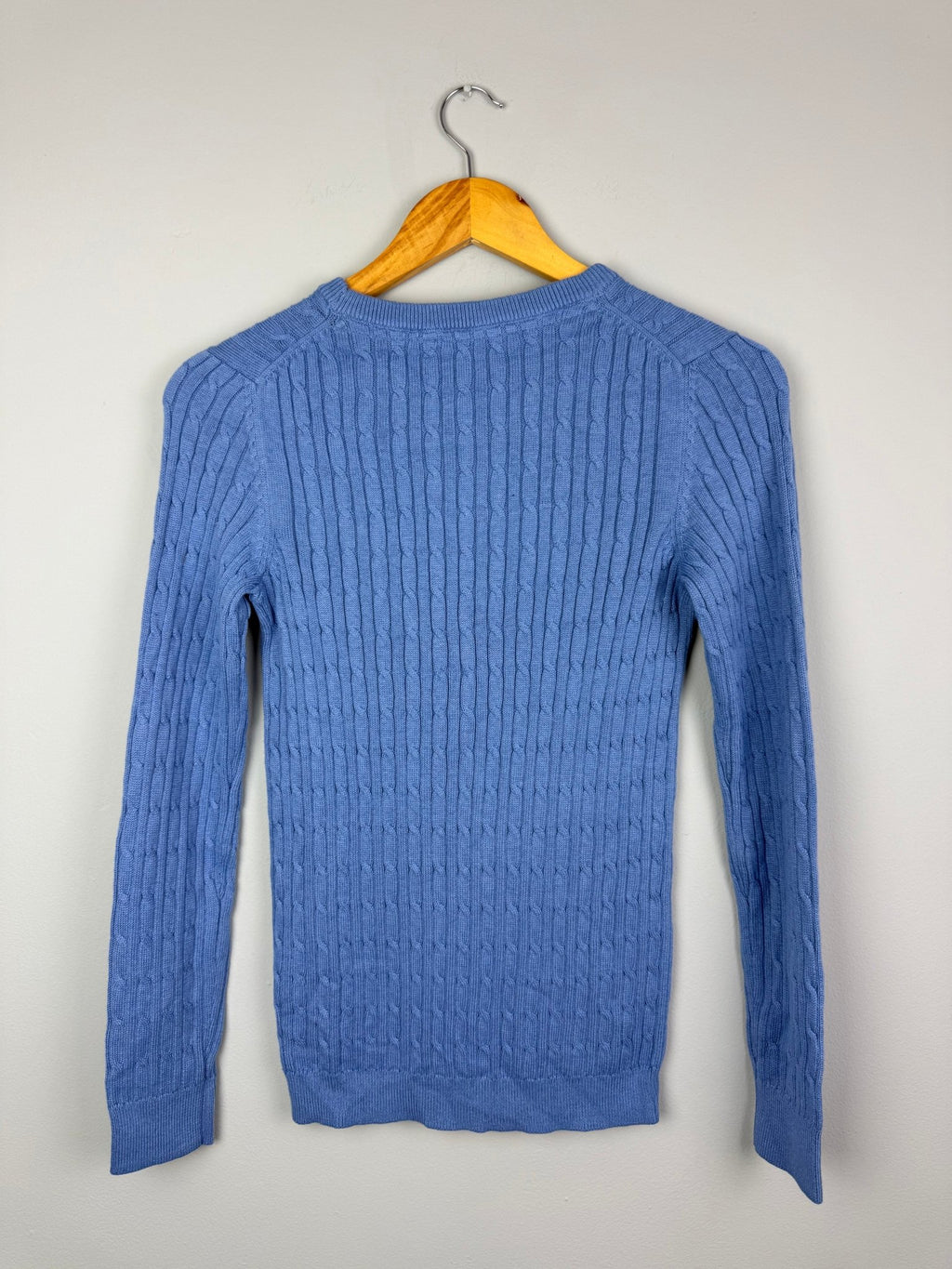 Ladies Ex Crew Blue Cotton Cashmere Cable Knit Sweater - Size 6 - Back On The Shelves High Street Discount Outlet Online UK
