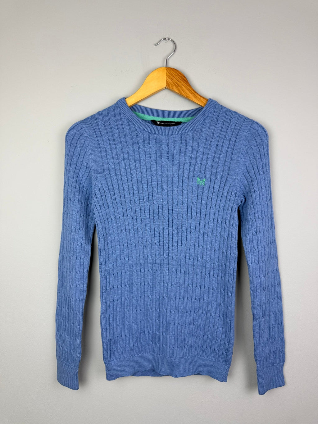 Ladies Ex Crew Blue Cotton Cashmere Cable Knit Sweater - Size 6 - Back On The Shelves High Street Discount Outlet Online UK