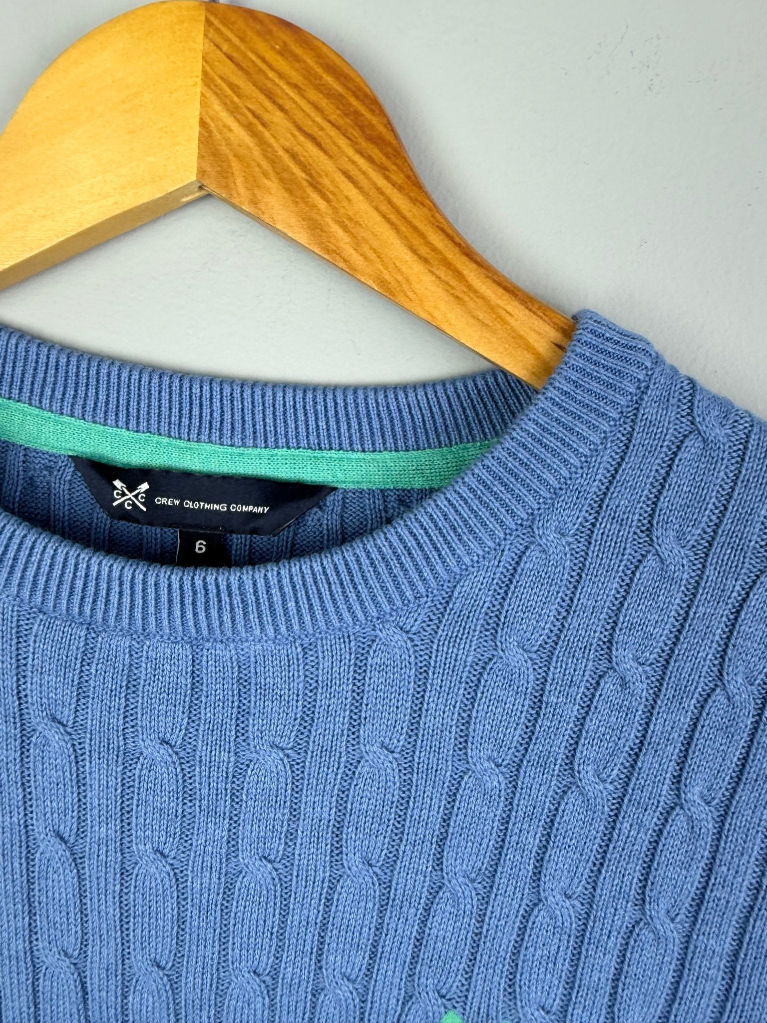 Ladies Ex Crew Blue Cotton Cashmere Cable Knit Sweater - Size 6 - Back On The Shelves High Street Discount Outlet Online UK