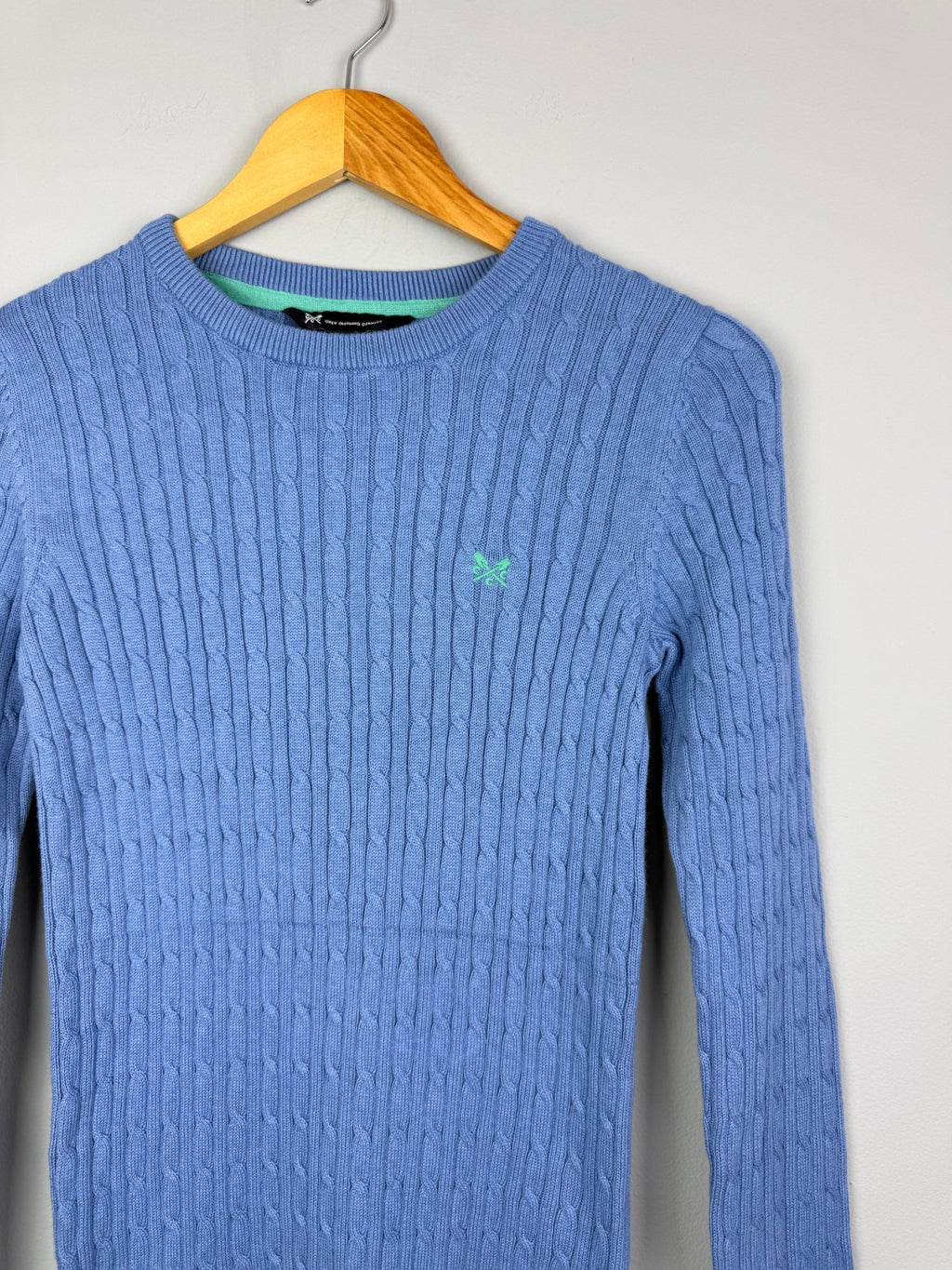 Ladies Ex Crew Blue Cotton Cashmere Cable Knit Sweater - Size 6 - Back On The Shelves High Street Discount Outlet Online UK