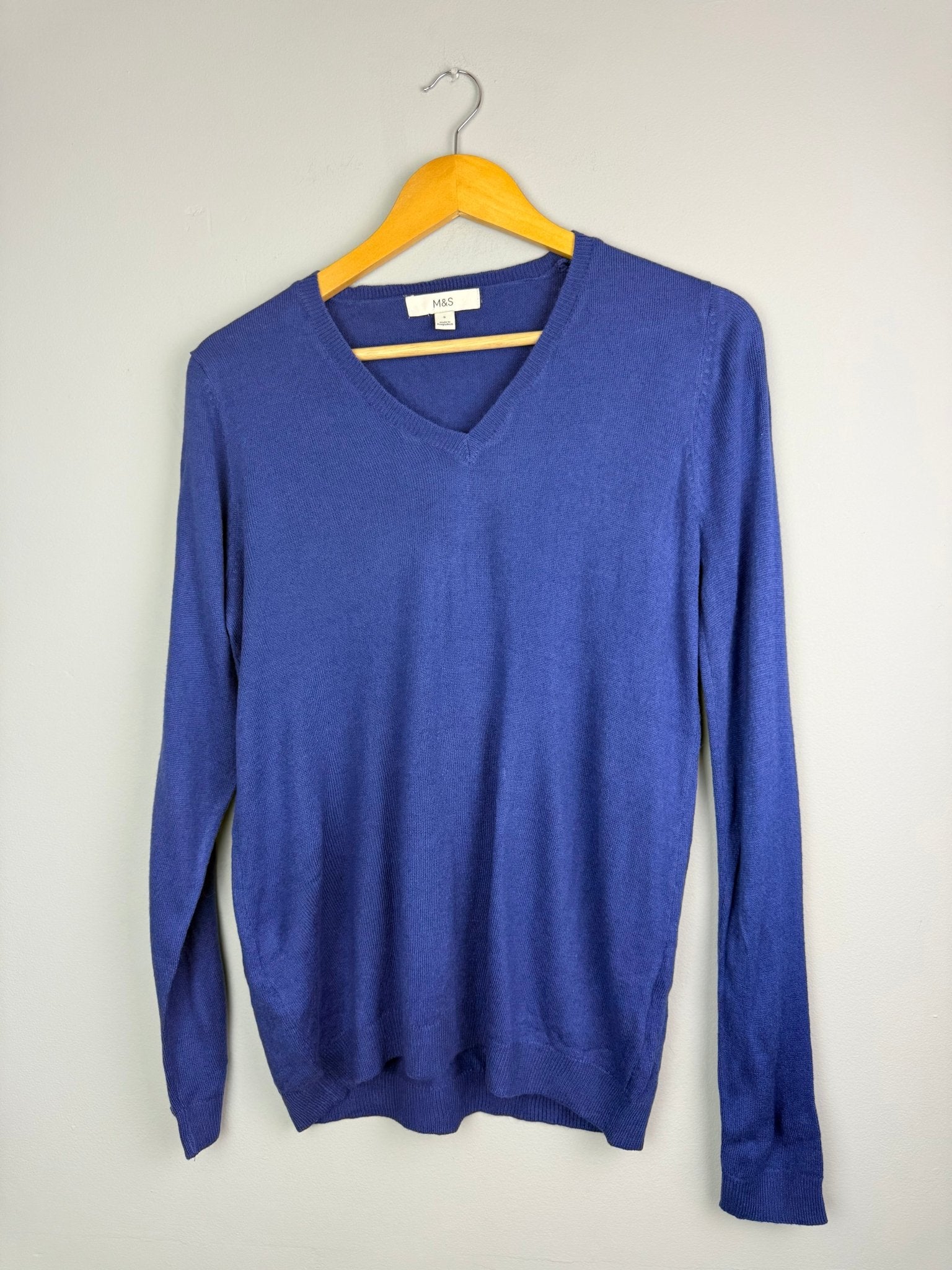 Ladies Ex MS Blue Fine Knit V Neck Jumper - Size S - Back On The Shelves High Street Discount Outlet Online UK