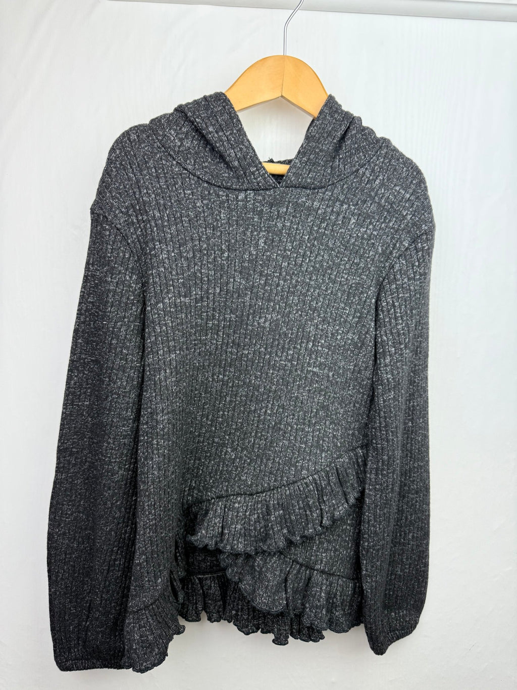 NEW Grey Ribbed Ruffle Hoodie - Girls 5 - 14 Years - Back On The Shelves High Street Discount Outlet Online UK